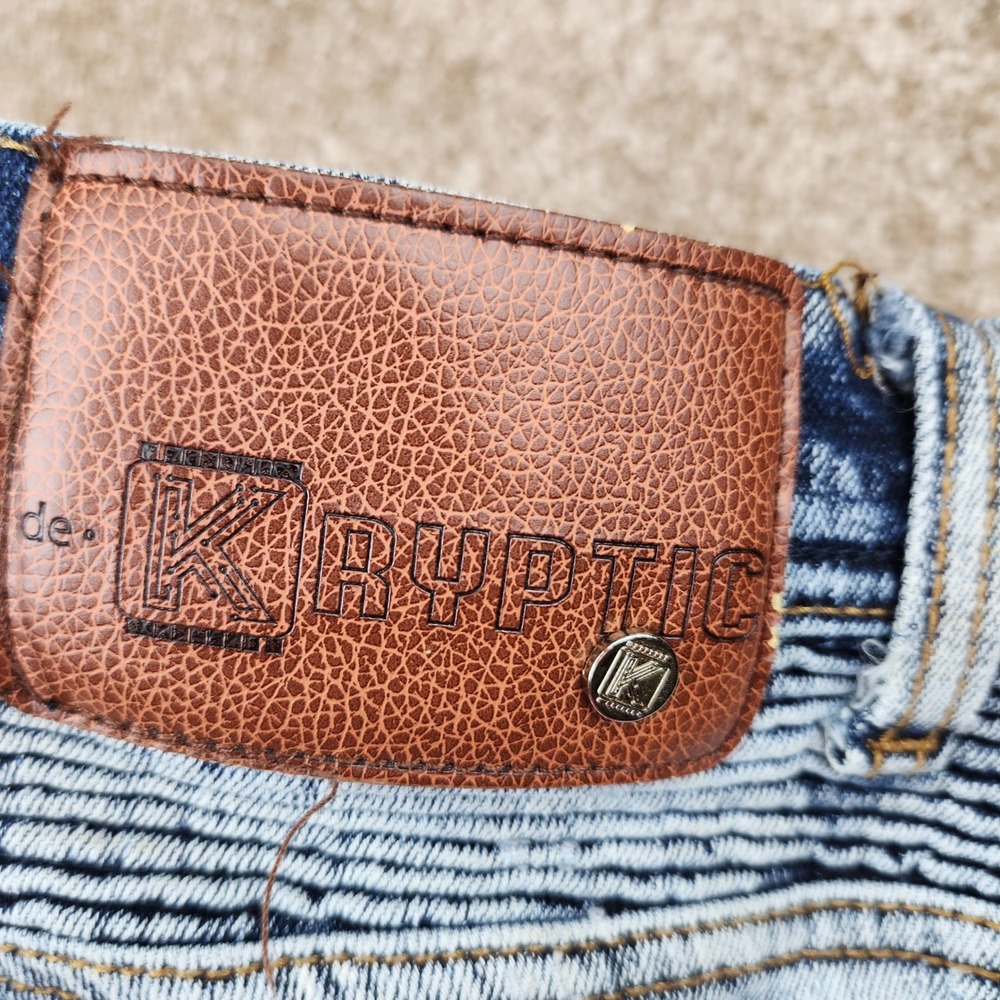 Kryptic x Popeye Mens 32x32 Moto Distressed Samurai Embroidered Jeans Blue Acid - Picture 9 of 9